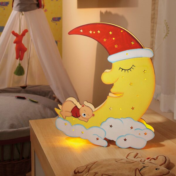 LED wooden moon w. sleep. Bear