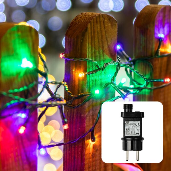 LED-Lichterkette, 200 LEDs multicolor, optionaler Timer, Außen-Transformator