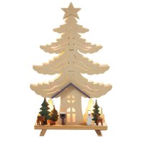 LED Holz-Stimmungsleuchter "Haus, Baum Schneemann mit Waldtieren", 10 LEDs warm-weiß