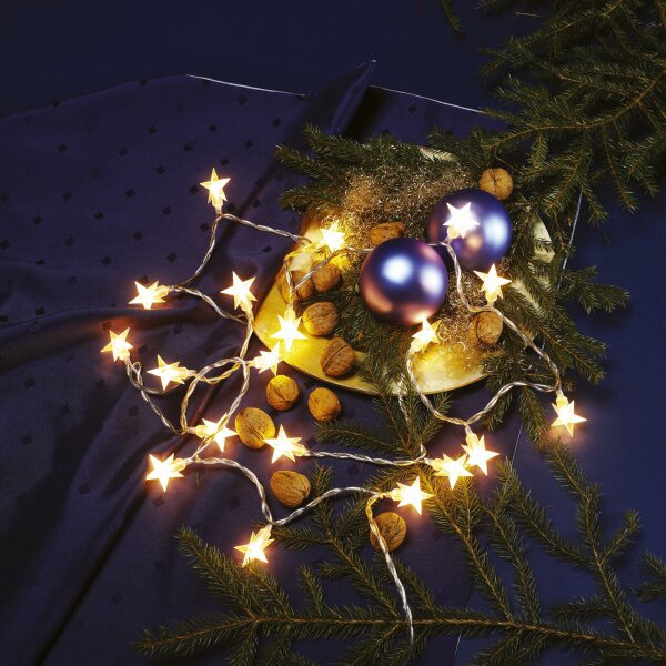 20-pcs. LED-Liightchain with Stars, warm-white, Outdoor Transformer
