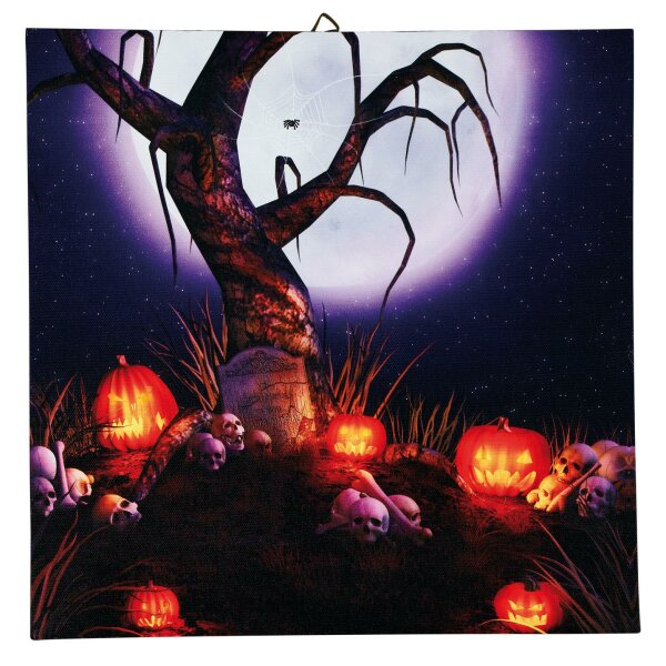 LED-Picture “Pumpkin and Tombstone“, 6 warm-white LEDs, battery operated