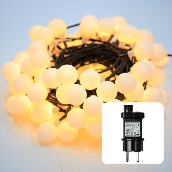 180-tlg. LED-Kugel-Lichterkette, warm-weiße LEDs, schwarzes Kabel, mit Timer, Außen-Trafo