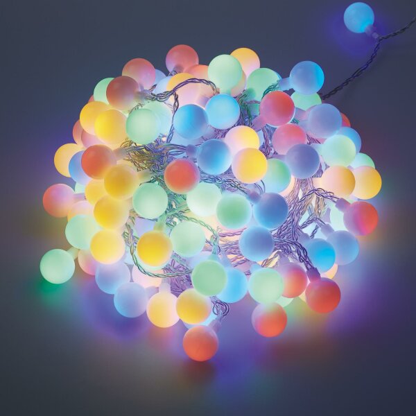 180-pcs. LED-Ball-Lightchain, coloured LEDs, black cable, Timer, Outdoor-Transformer