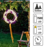 LED-Wreath with Morning Dew, 7680 LED warm-white, silver cable, Outdoor Trafo