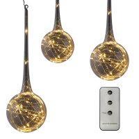 Set of 3 LED-Glass-drop with Lightchain, 90 LED warm-white, "Smokey" grey  glass, Indoor-Transformer