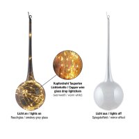 Set of 3 LED-Glass-drop with Lightchain, 90 LED warm-white, "Smokey" grey  glass, Indoor-Transformer